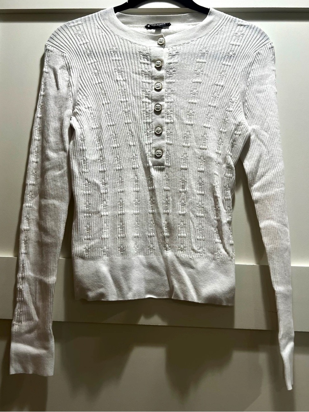 Chanel White Knit 1/4 Button Up Crewneck Top FR36